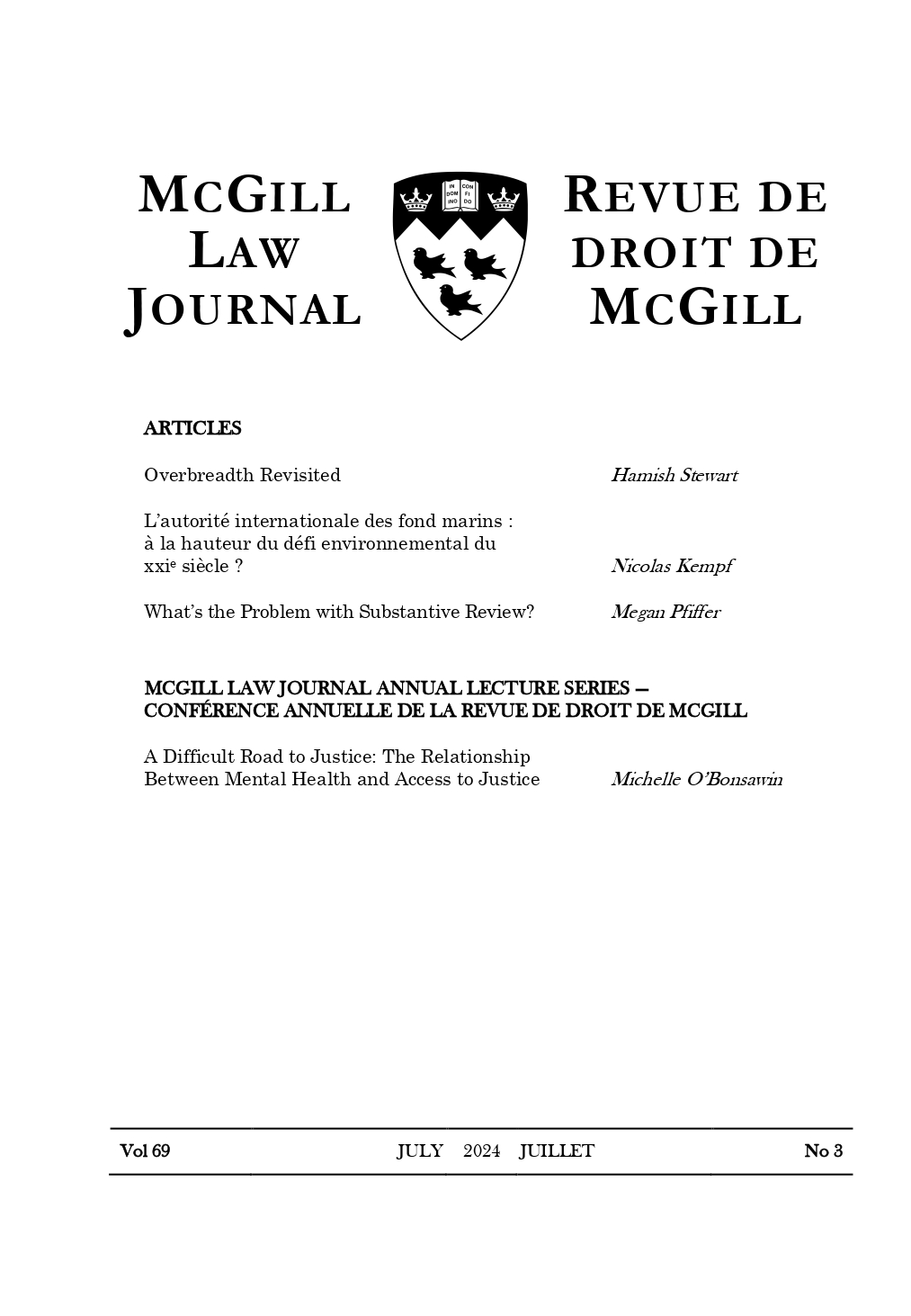 					Afficher Vol. 69 No. 3 (2024): Revue de droit de McGill
				